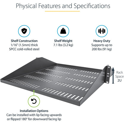 StarTech.com Étagère pour rack de serveur ventilée 2U - Plateau de montage en rack cantilever fixe de 50,8 cm de profondeur pour données/audiovisuel/réseau de 48,3 cm avec écrous à cage SHELF-2U-20-CENTER-V