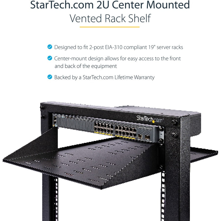 StarTech.com Étagère pour rack de serveur ventilée 2U - Plateau de montage en rack cantilever fixe de 50,8 cm de profondeur pour données/audiovisuel/réseau de 48,3 cm avec écrous à cage SHELF-2U-20-CENTER-V