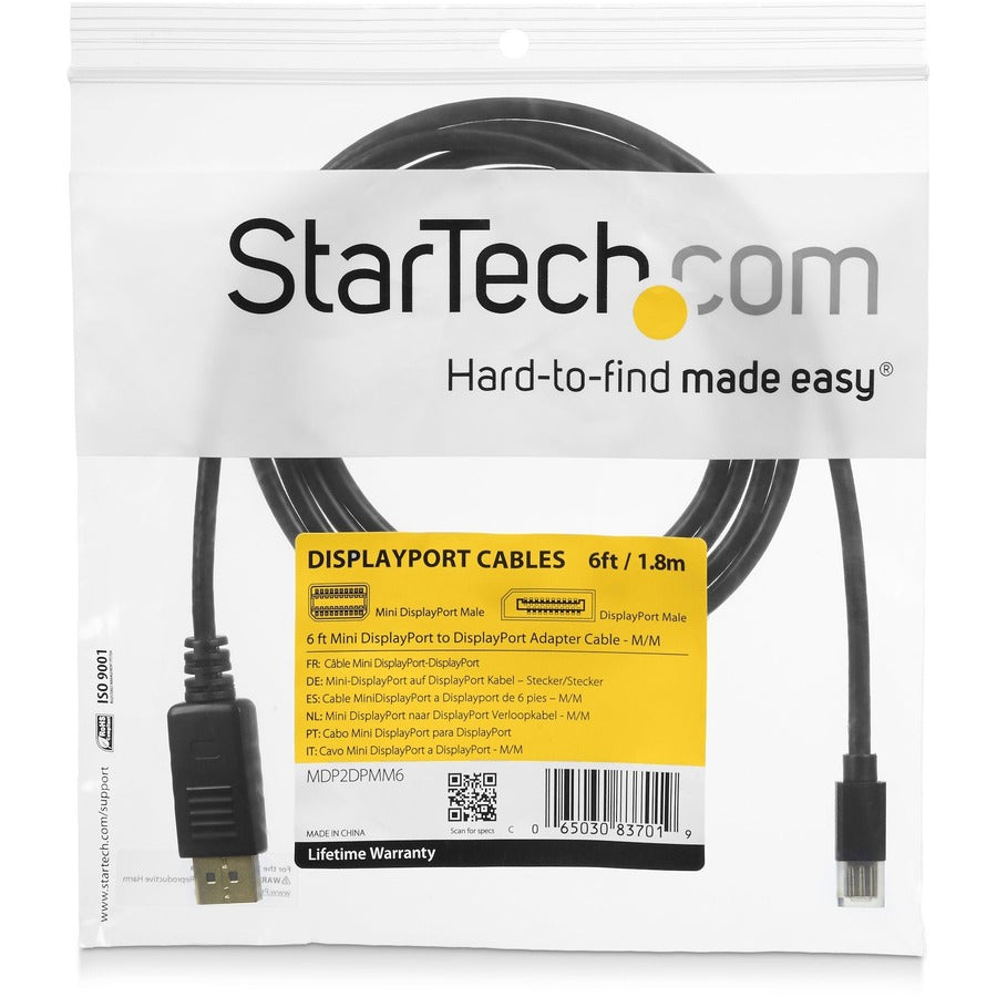 StarTech.com Câble Mini DisplayPort vers DisplayPort 1.2 de 1,8 m, câble adaptateur mDP vers DisplayPort 4K x 2K, câble Mini DP vers DP pour moniteur MDP2DPMM6