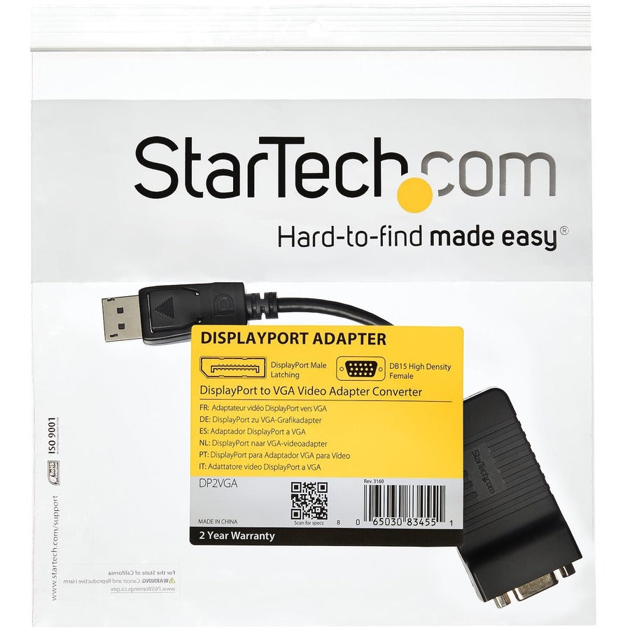 Adaptateur DisplayPort vers VGA StarTech.com, convertisseur DP vers VGA actif, dongle de moniteur vidéo DP vers VGA 1080p, connecteur DP verrouillable, DP2VGA durable