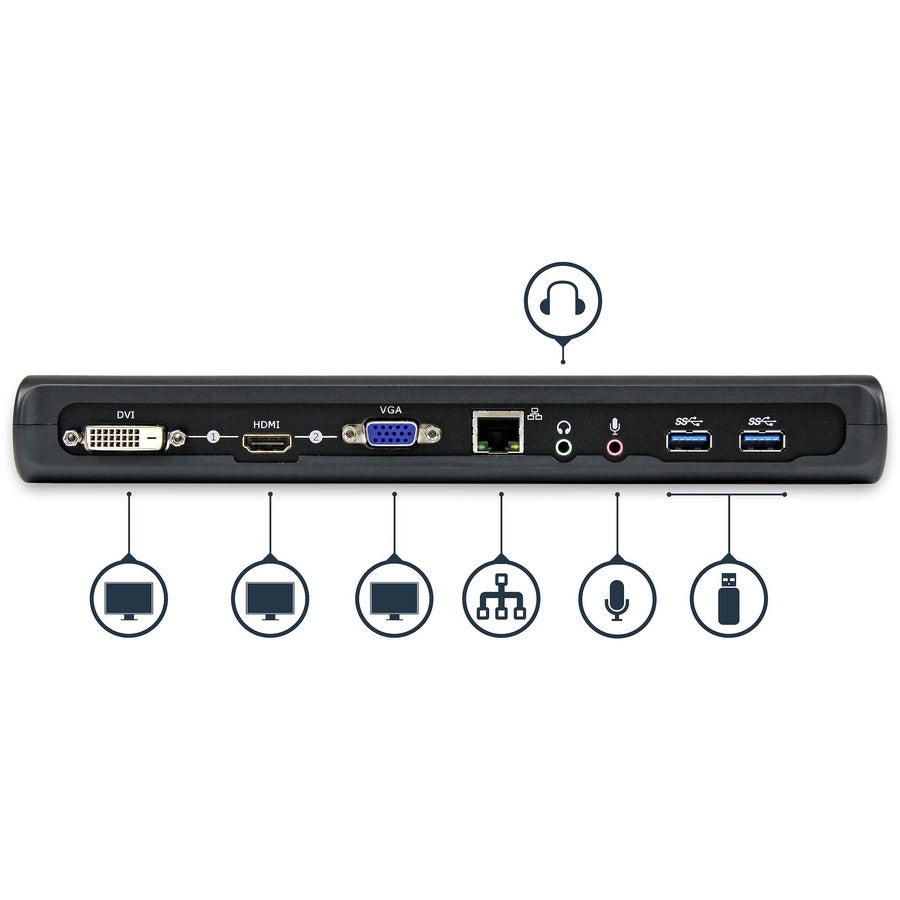 StarTech.com Station d'accueil pour ordinateur portable USB 3.0 à deux écrans, HDMI et DVI/VGA, 3 hubs USB-A, GbE, audio, station d'accueil USB-A universelle, Win/Mac, TAA USB3SDOCKHDV