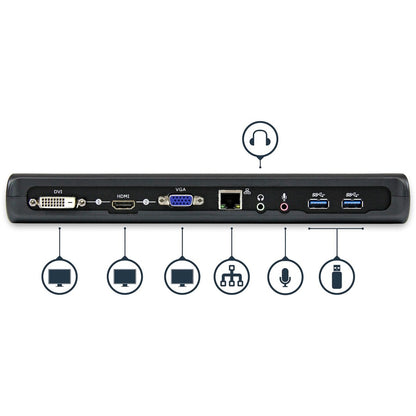 StarTech.com Station d'accueil pour ordinateur portable USB 3.0 à deux écrans, HDMI et DVI/VGA, 3 hubs USB-A, GbE, audio, station d'accueil USB-A universelle, Win/Mac, TAA USB3SDOCKHDV