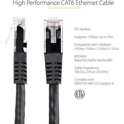 Câble Ethernet CAT6 StarTech.com de 3 m - Gigabit moulé noir - 100 W PoE UTP 650 MHz - Cordon de raccordement de catégorie 6 Câblage certifié UL/TIA C6PATCH10BK