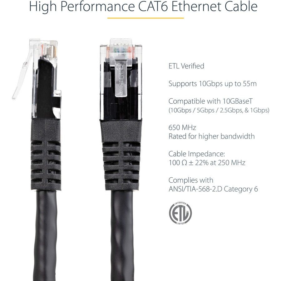 Câble Ethernet CAT6 StarTech.com de 1,8 m - Gigabit moulé noir - 100 W PoE UTP 650 MHz - Cordon de raccordement de catégorie 6 Câblage certifié UL/TIA C6PATCH6BK