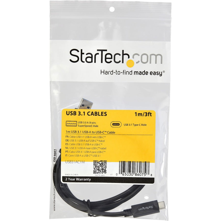 Câble USB vers USB C StarTech.com de 1 m - USB 3.1 (10 Gbit/s) - Certifié USB-IF - Câble USB A vers USB C - Câble USB 3.1 Type C USB31AC1M