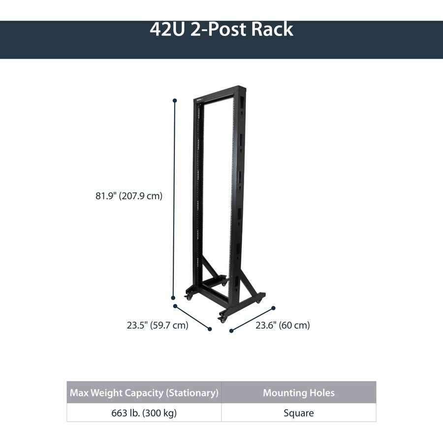 StarTech.com Rack de serveur mobile à cadre ouvert 42U à 2 montants, rack réseau à deux montants de 19 pouces avec roulettes, rack ouvert roulant pour équipement AV/données/informatique 2POSTRACK42