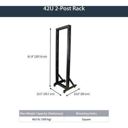StarTech.com Rack de serveur mobile à cadre ouvert 42U à 2 montants, rack réseau à deux montants de 19 pouces avec roulettes, rack ouvert roulant pour équipement AV/données/informatique 2POSTRACK42