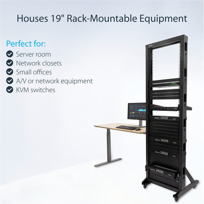 StarTech.com Rack de serveur mobile à cadre ouvert 42U à 2 montants, rack réseau à deux montants de 19 pouces avec roulettes, rack ouvert roulant pour équipement AV/données/informatique 2POSTRACK42