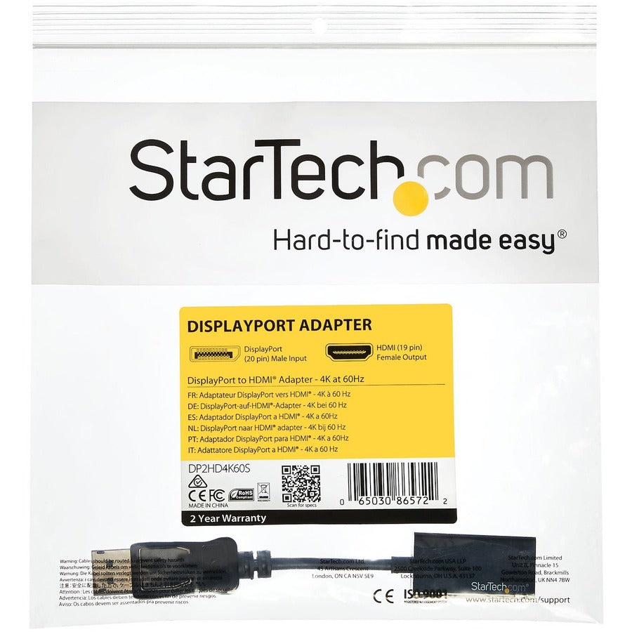 Adaptateur StarTech.com DisplayPort vers HDMI, convertisseur vidéo actif 4K 60 Hz DP 1.4 vers HDMI 2.0 pour moniteur/écran, connecteur DP verrouillable DP2HD4K60S