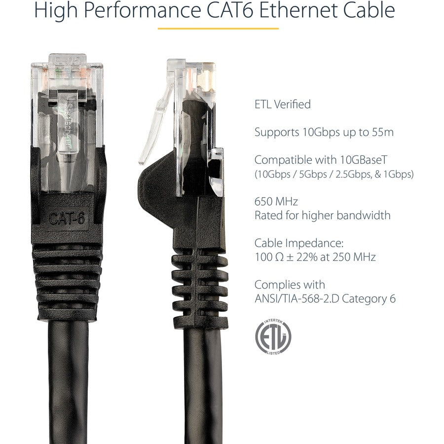 Câble Ethernet CAT6 StarTech.com de 3,7 m - Gigabit sans accroc - 100 W PoE UTP 650 MHz - Cordon de raccordement de catégorie 6 - Câblage certifié UL/TIA N6PATCH12BK