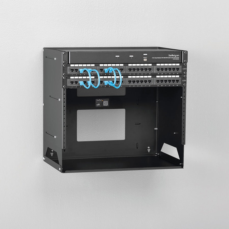 StarTech.com Rack réseau mural ouvert à 2 montants 8U avec étagère intégrée et profondeur réglable, rack informatique pour équipement informatique, TAA~ WALLSHELF8U
