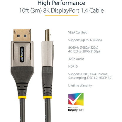 Câble DisplayPort 1.4 certifié VESA StarTech.com de 3 m, 8K 60 Hz HDR10, vidéo UHD 4K 120 Hz, cordon d'écran DP vers DP, câble DP 1.4, M/M DP14VMM3M