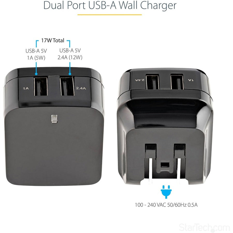 Chargeur mural USB 2 ports StarTech.com, concentrateur de chargeur mural 17 W (port 2,4 A et 1 A), adaptateur d'alimentation double USB-A, chargeur portable pour téléphones/tablettes USB2PACUBK