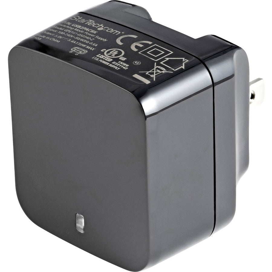 Chargeur mural USB 2 ports StarTech.com, concentrateur de chargeur mural 17 W (port 2,4 A et 1 A), adaptateur d'alimentation double USB-A, chargeur portable pour téléphones/tablettes USB2PACUBK