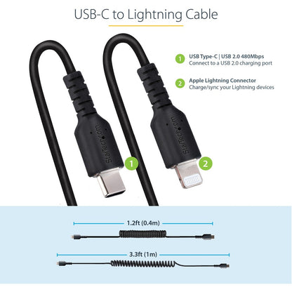 Câble USB C vers Lightning StarTech.com de 1 m (3 pi), certifié MFi, câble de chargement spiralé pour iPhone, noir, gaine TPE durable en fibre d'aramide RUSB2CLT1MBC