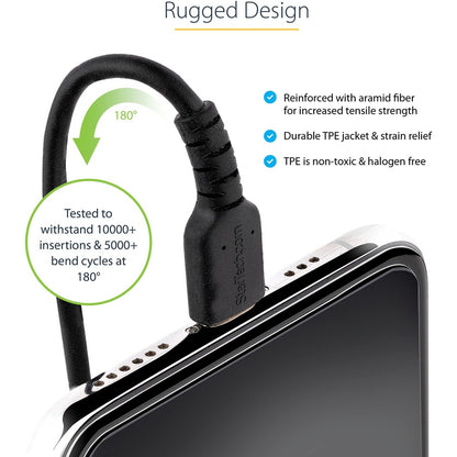 Câble USB C vers Lightning StarTech.com de 1 m (3 pi), certifié MFi, câble de chargement spiralé pour iPhone, noir, gaine TPE durable en fibre d'aramide RUSB2CLT1MBC