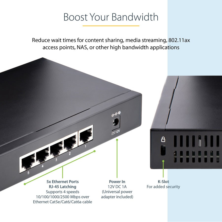 StarTech.com Commutateur Ethernet non géré 2,5 G, 5 ports 2,5 GBASE-T, kit de montage mural, compatible avec les appareils 10/100/1000 Mbps DS52000