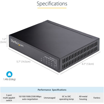 StarTech.com Commutateur Ethernet non géré 2,5 G, 5 ports 2,5 GBASE-T, kit de montage mural, compatible avec les appareils 10/100/1000 Mbps DS52000