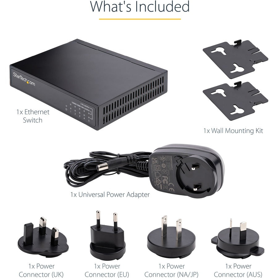 StarTech.com Commutateur Ethernet non géré 2,5 G, 5 ports 2,5 GBASE-T, kit de montage mural, compatible avec les appareils 10/100/1000 Mbps DS52000